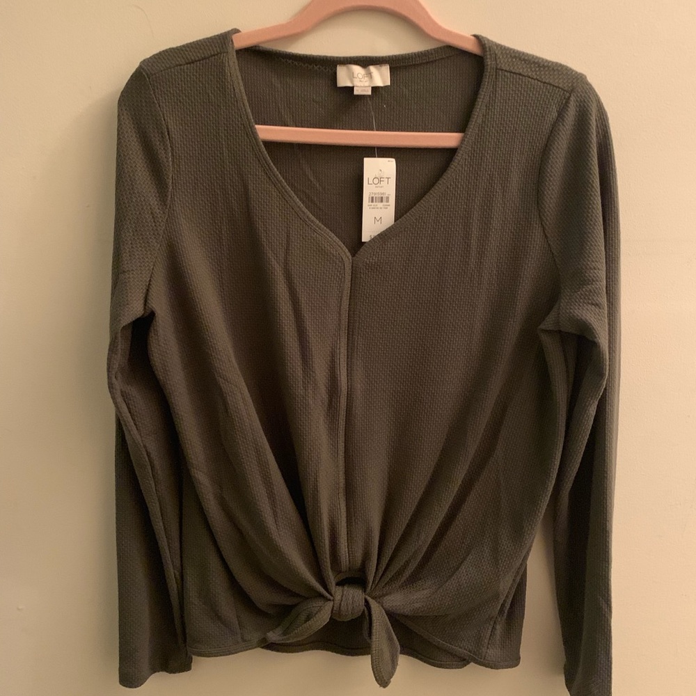 Loft Olive Green Tie Front Long Sleeve Top